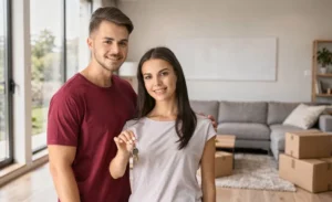 Pareja feliz mostrando las llaves de su nueva casa tras evaluar una buena inversión inmobiliaria.