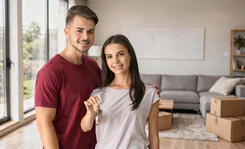 Pareja feliz mostrando las llaves de su nueva casa tras evaluar una buena inversión inmobiliaria.